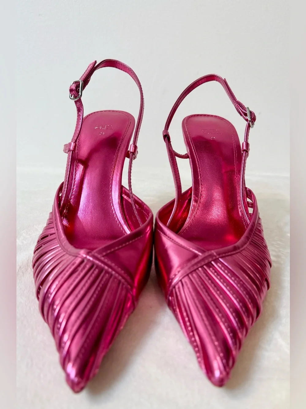 Zara Women’s Pink Metallic Pointy Toe Slingback Pumps Size 39 - Picture 5 of 10